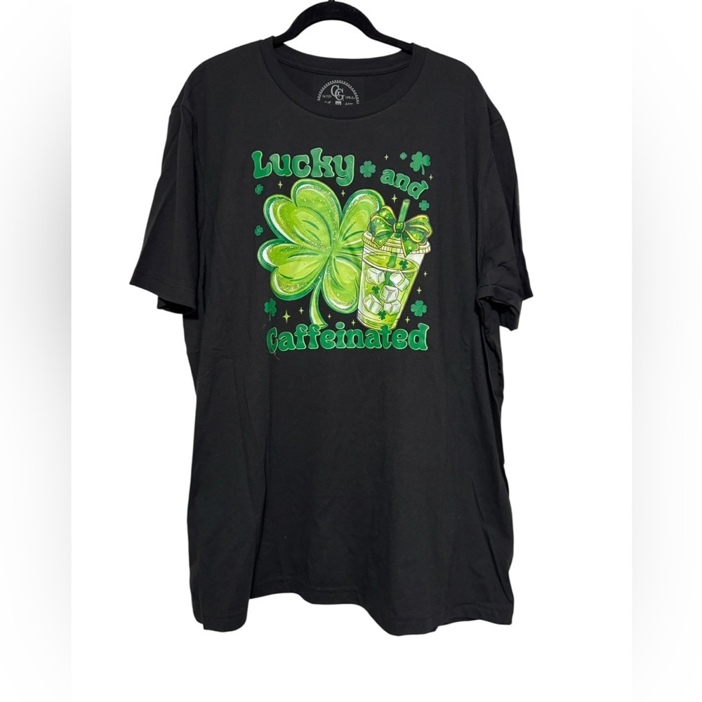 Glitzy Girlz Black with Green Shamrock Lucky and Caffeinated T-Shirt Size 3X